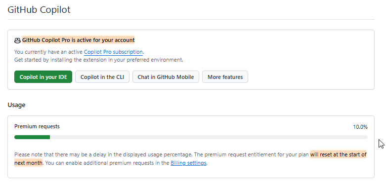 まだ10%。github copilot pro/agentはトークンでなくリクエスト数ベース（月300固定）ということなので、これは上手く使えばコスパがよい。まあ無料だからコスパも何もないのだが。とりあえずclaudeに課金してる身からするとkiroとかstudent copilotとかフリーライダーできる現状に乗っ...