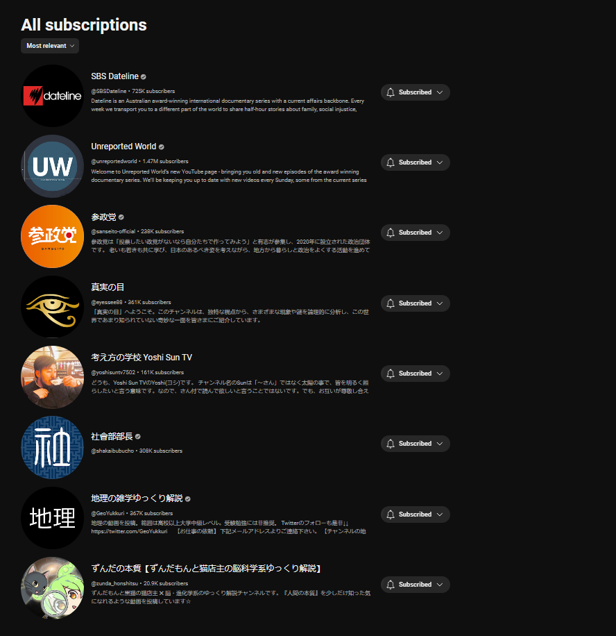 ついでなので。youtube登録チャンネル一部抜粋。